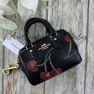 Coach Mini Rowan Bag Charm In Black Cherry Print Purse Wallet Leather